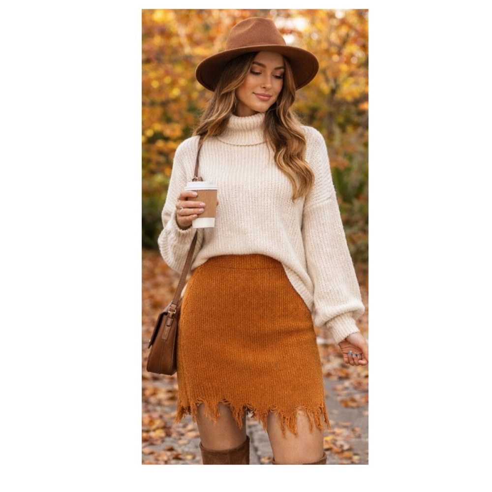 Cato Rust Sweater  Knit Pencil Skirt with Fringe